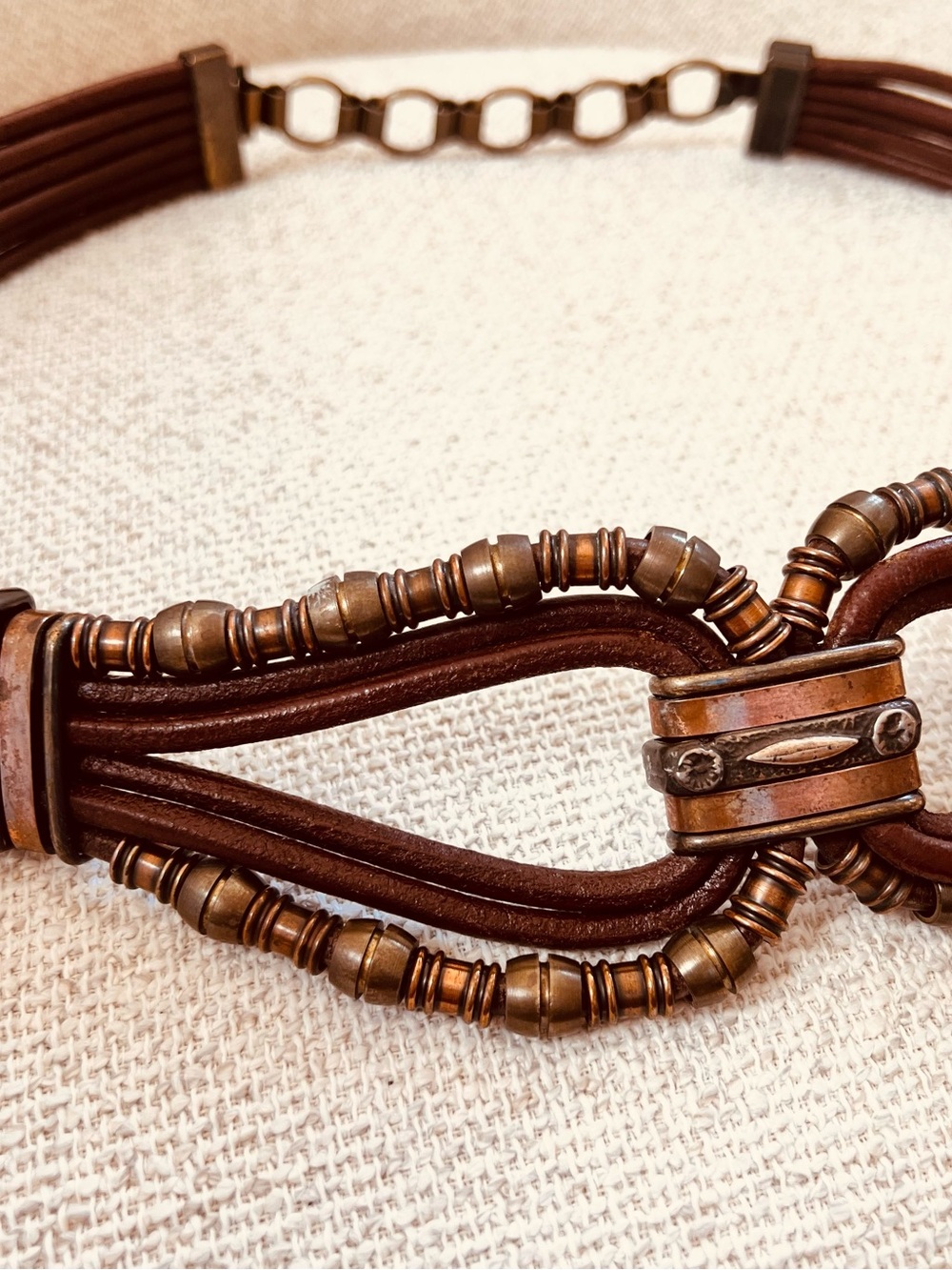 Share A.C. Gypsy Handmade Italy Leather Copper Brass Belt Boho Artisan Adjustabl